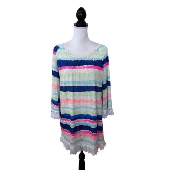 Lilly Pulitzer Striped Tassel Hem Bell Sleeve Swim Cover-Up Linen Tunic Dress M - Picture 12 of 16